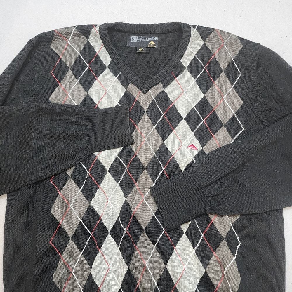 2000s Emerica Skateboarding Freshman Argyle V-neck Sweater Men's Sz XL - Picture 1 of 6